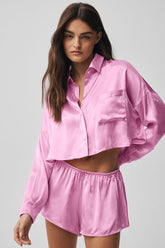 Silk Luminous Cropped Button Down Long Sleeve - Candy Heart Pink